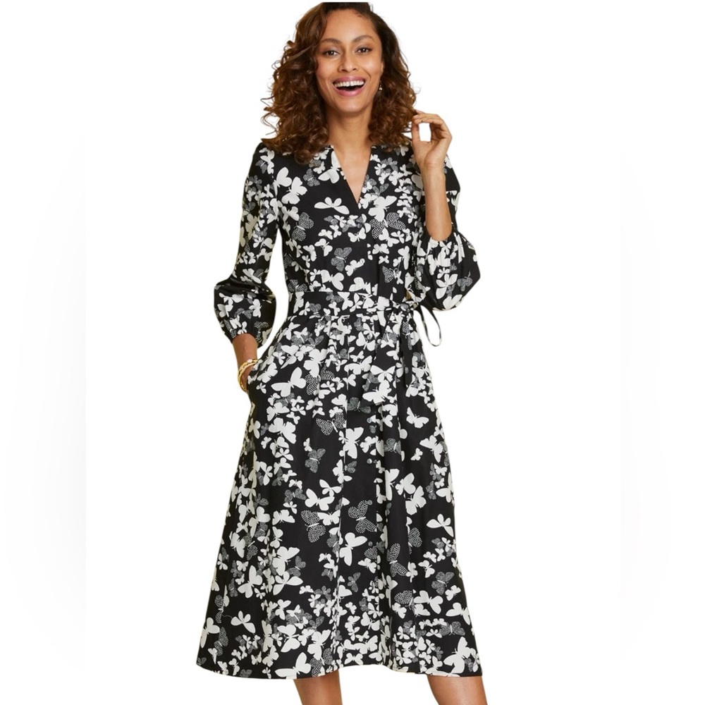 Talbots Shirt Dress Women 14 Butterfly Black White Midi Office Brunch Cottage